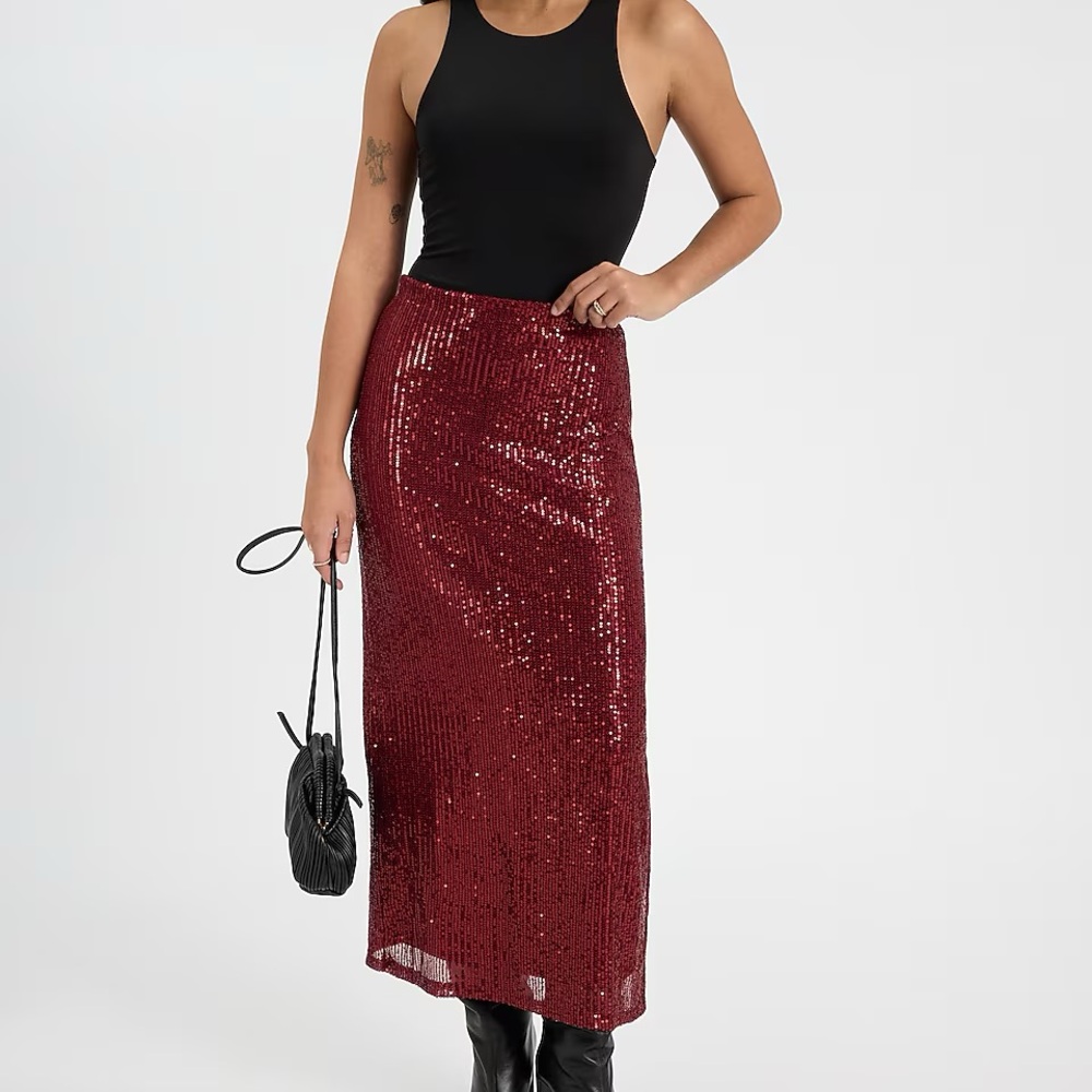 EXPRESS SEQUINED FITTED SIDE SLIT MIDI SKIRT WINE NWT SZ MED